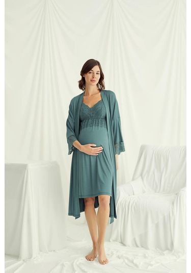 Monamise 18522 Hamile Lohusa Sabahlıklı Gecelik Takım-yeşil