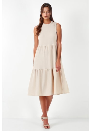Lela Regular Fit Kolsuz Midi Bayan Elbise 5869008 Taş