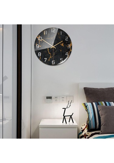 Suntek Mermer Dokulu Yuvarlak Pille Çalışan Ofis İçin İskandinav Tarzı Duvar Saati Siyah