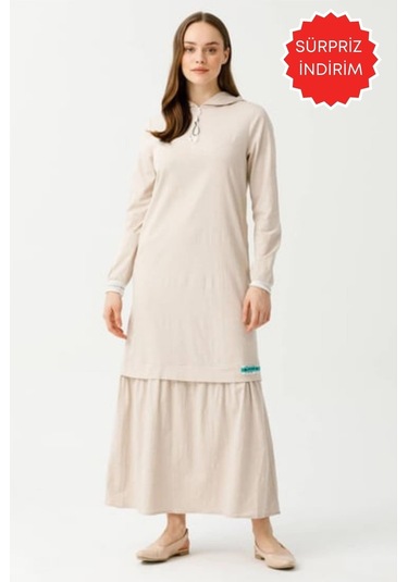 Pamuk Keten Kumaştan Rahat Kullanımlı Elbise Bej Bej