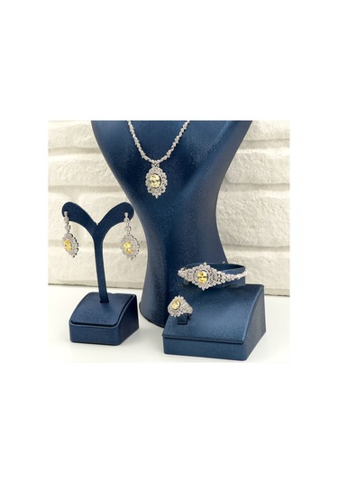 Pırlanta Montür Sitrin Taşlı 4'lü Gümüş Set Takım Gümüş