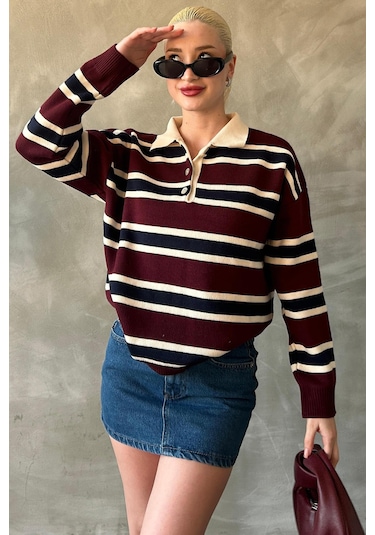 Madmext Bordo Çizgili Düğmeli Polo Yaka Kadın Triko Kazak Mg2280 Bordo