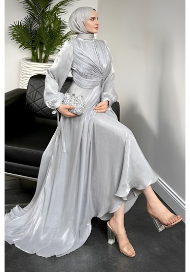 Kolu Bağlamalı Abiye Gri