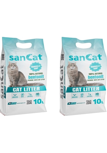 Sancat Premium Marsilya Sabun Kokulu Topaklaşan Beyaz Bentonit Kedi Kumu 2 x 10  L