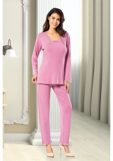 Faal 8608 Kadın Uzun Kollu Dantel Detaylı Pijama Takımı-gülkurusu GÜL KURUSU