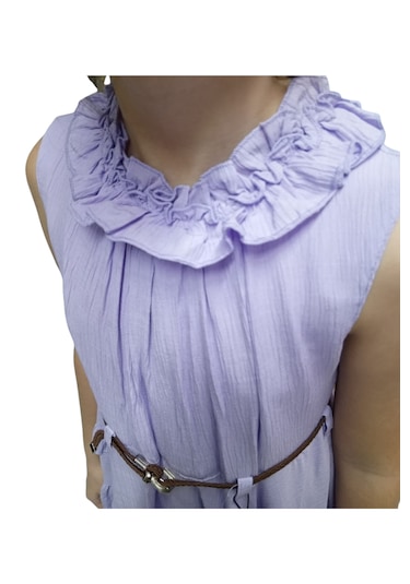 Kız Çocuk Yakası Fırfırlı Kot Ceket Lila Renk İkili Takım Elbise Lila