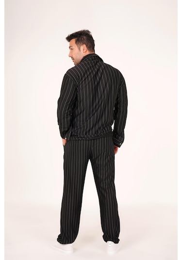 Alaçatı Stili Erkek Krep Kumaş Çizgili Gömlek Ve Pantolon Takım Siyah