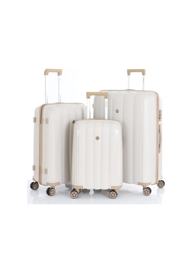 Mçs 3lü Set Kırılmaz Silikon Seyahat Valizi Bavulu V305 Kemik Şampanya Bej