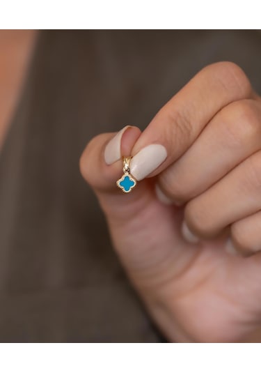 Bayar Gold 14 Ayar Altın Turkuaz Renkli Yonca Kolye Ucu Sarı Altın