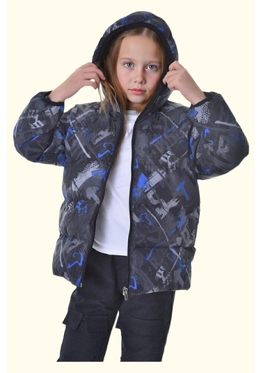 Kız Çocuk Dijital Desen Polar Su Ve Rüzgar Geçirmez Kapüşonlu Şişme Kışlık Mont Siyah
