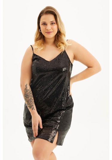 Astarlı Payetli İp Askılı Yırtmaçlı Elbise-1686 Siyah
