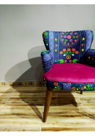 Azra Mobilya - Roma Çay Seti Koltuk Takımı - Babyface Kumaş - Ahşap Demonte Ayak Etnik Desen Fuşya