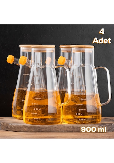 Porsima 001 4'lü Vakumlu Bambu Kapaklı Borosilikat Cam Yağdanlık