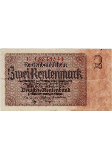 Almanya 2 Rentenmark 1937 Nazi Dönemi. Çok Temiz.