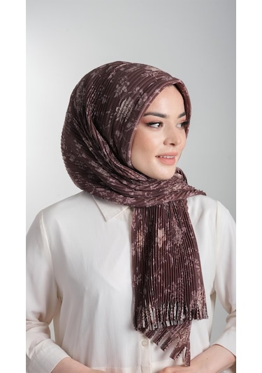 Kahverengi Pratik Hazır Geçmeli Tesettür Eşarp Kesik Elyaf Piliseli Çiçek Desenli 1818d6 14
