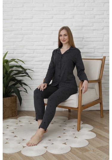 Fames Pijama Uzunkol Düğmeli Penye Pijama Takimi Kalpli Antrasit