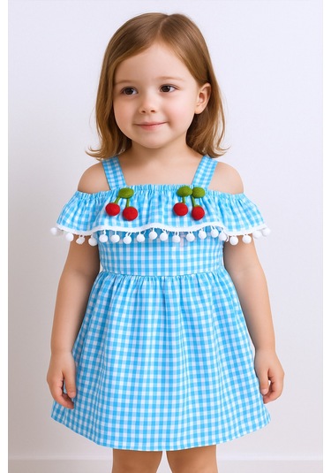 Kız Çocuk Askılı Elbise Dantelli Ekose Desenli B14 Turuncu