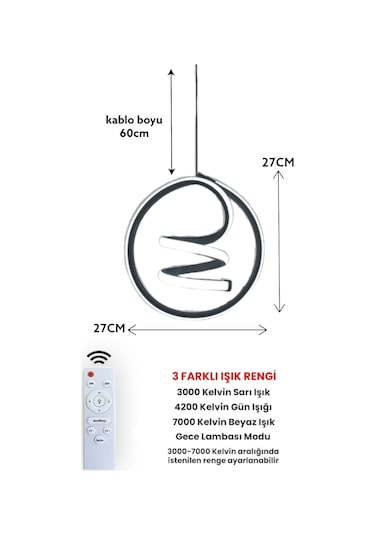 Renkoled Aydınlatma Kumandalı 3 Renk Modern Sarkıt Led Avize Gri - Gümüş