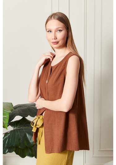 Keten Şık Farklı Tarz Nevin Bluz - Modern Ve Zarif Tasarım Kiremit