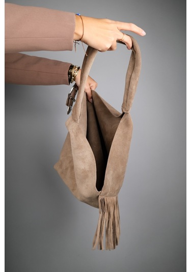 Rosalın Koyu Bej Hakiki Süet Deri Püsküllü Kadın Omuz Çantası Koyu Bej