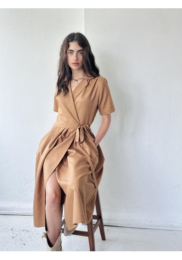 Retrobird Lady Kruvaze Midi Elbise Kadın Taba-13442-taba