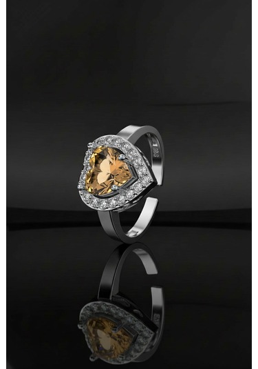 925 Ayar Sitrin Taşlı Rodyum Pırlanta Işıltılı Kalp Ayarlanabilir Gümüş Yüzük Gümüş