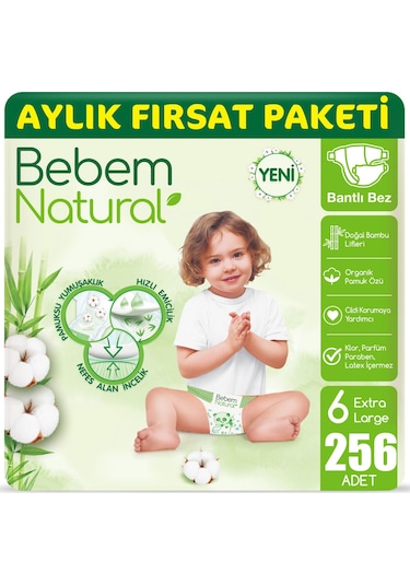 Bebem Natural Bebek Bezi 6 Beden E.large 2 Aylık Paketi 256 Adet