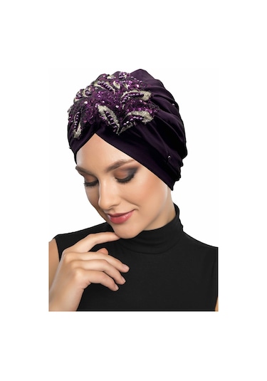 Kopma Astarlı İşlemeli Mor Payetli Yaprak Motifli Hazır Türban Tesettür Abiye Bone Mor