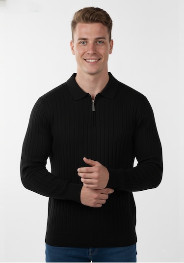 Deepsea Erkek Siyah Slim Fit Polo Yaka Triko Kazak - Yumuşak Dokulu Esnek Ve Şık Görünüm 2605305 Siyah