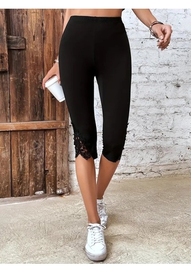 Ahes Shopping Kadın Yüksek Bel Dantelli Dalgıç Tayt SiYAH