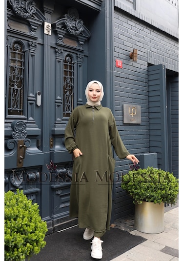 Kadın Haki Aerobin Uzun Önü Yarım Fermuarlı İkili Takım T1216 Haki