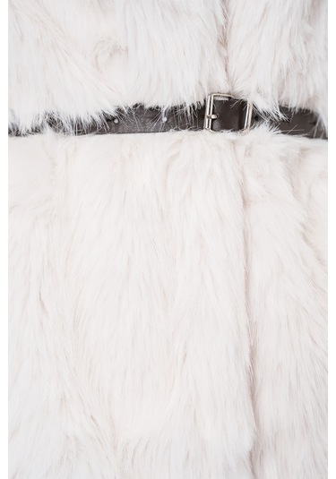 Kadın Kemerli Oversize Kürklü Kaban 9156 - Beyaz Beyaz