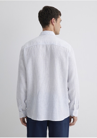 Mavi - Çizgili Keten Gömlek 0211634-90795 Renkli
