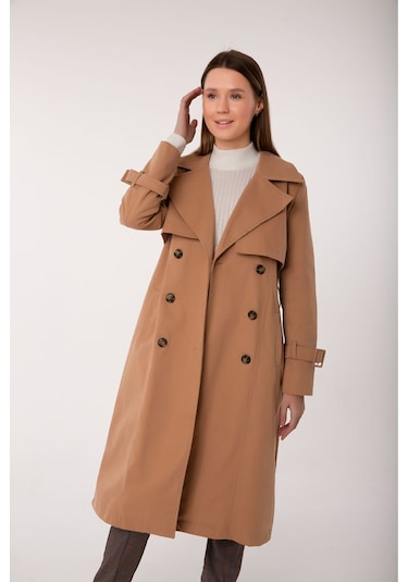 Pastelastore %100 Pamuk Gabardin Uzun 110cm Astarlı Kemerli Kadın Trençkot 1111 Bej