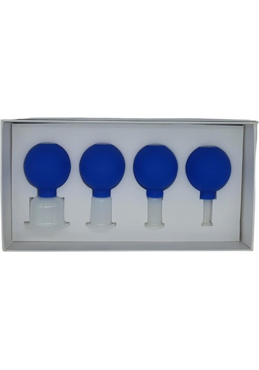 Silikon Vakumlu Yeşim Taş Jade Yüz Masaj Kupası 4 Lü Set Mavi Renk Açık Bej