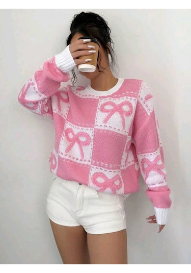 Sayzen Your Shine Kurdele Işlemeli Kareli Oversize Kazak Sy-2502 Pembe