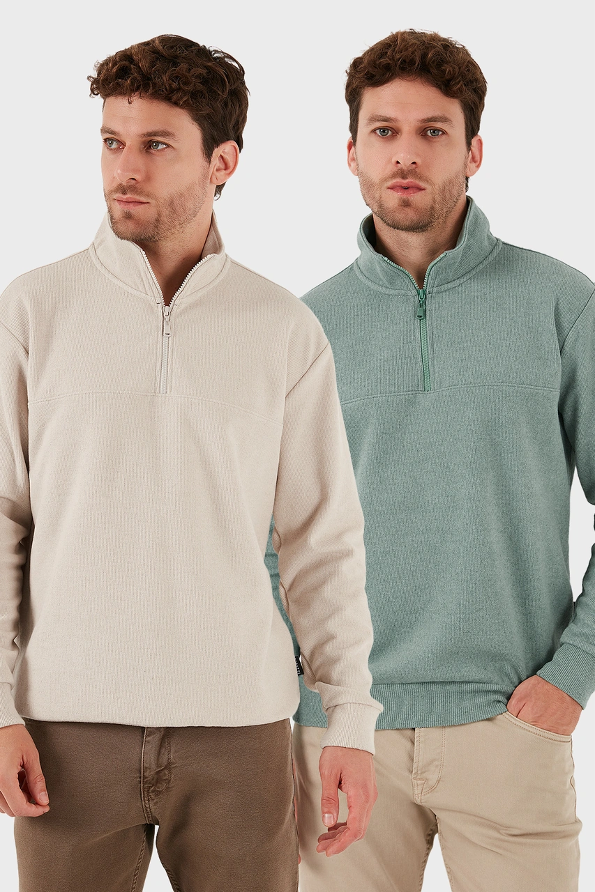 Buratti Pamuklu Regular Fit Yarım Fermuarlı Dik Yaka 2'Li Paket Erkek Kazak 456112S2 Bej-Çağla