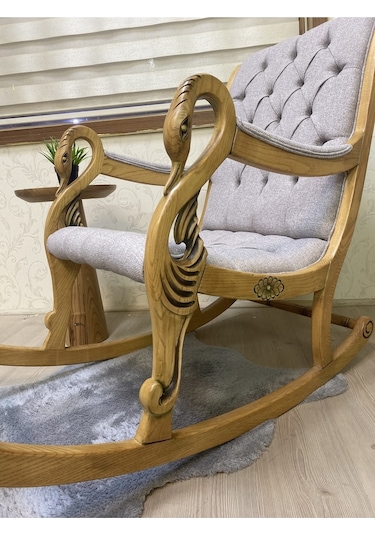 Asedia Vintage Kuğu Naturel Taş Rengi El Oyması Ahşap Sallanan Sandalye Dinlenme Koltuğu