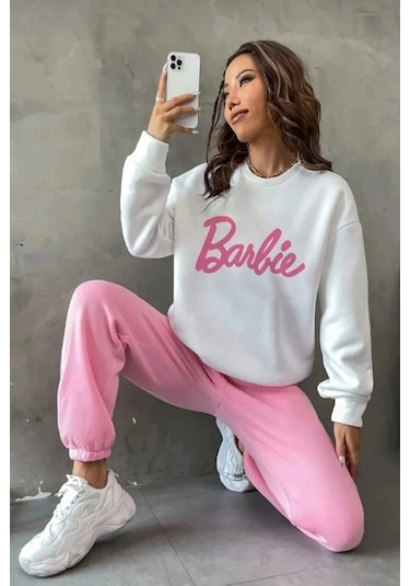Modagen 3 Iplik Barbie Baskılı Oversize Bisiklet Yaka Sweatshirt Beyaz