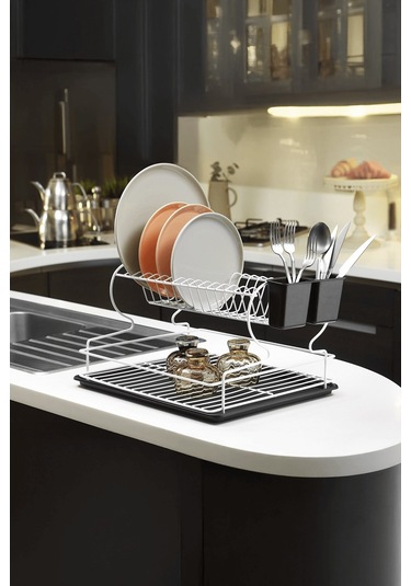 2 Katlı Beyaz Bulaşıklık Dayanıklı Paslanmaz Termoplastik Kaplama Bulaşık Sepeti, Tepsili, Tabak Ve Kaşık Kurutmalık - Beyaz - Siyah