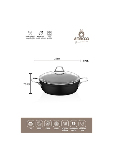 Amboss Dark 1325 Basık Tencere Cam Kapaklı 26 CM