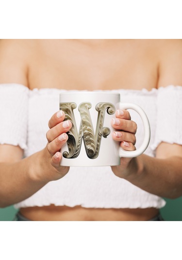 W Harfi Bardak, Monogram 330 Ml Barok Oymalı Görünüm Beyaz