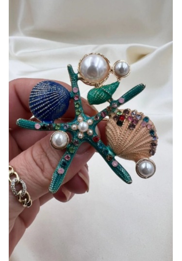 Bb Deniz Yıldızı İnci Taneli Broş Altın -  Mavi