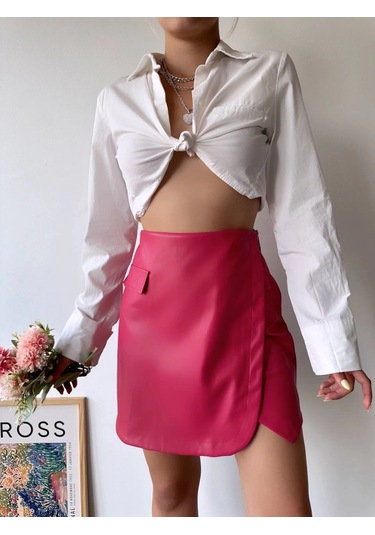 Cep Detaylı Oval Kapaklı Deri Etek Fuşya H240048 Fuşya