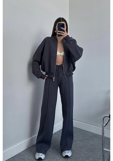 Dip Moda Kadın Pamuklu Kışlık Sweat Pantlon Eşofman Takımı Dpgts018 Antrasit