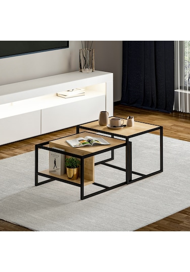 Batı 2 Li Modern Orta Sehpa Takımı Metal Ayaklı, Alt Raflı Safir Meşe