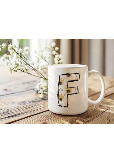 F Harfi Arı Desenli Kupa - Sevimli Hayvan Temalı Kişiye Özel Kahve Kupası - Şans Kupası Beyaz