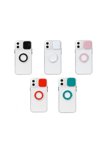 More Tr Ally İphone 12 Mini 5 4inç Kılıf Sürgülü Kamera Lens Korumalı Yüzük Standlı Silikon Kılıf Siyah