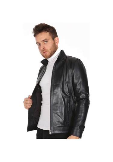 Hakiki Kuzu Derisi Spor Fermuarlı Dik Yaka Erkek Deri Ceket Siyah Siyah