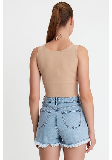 Polo State Kadın Ense Biye Detaylı Crop Bej